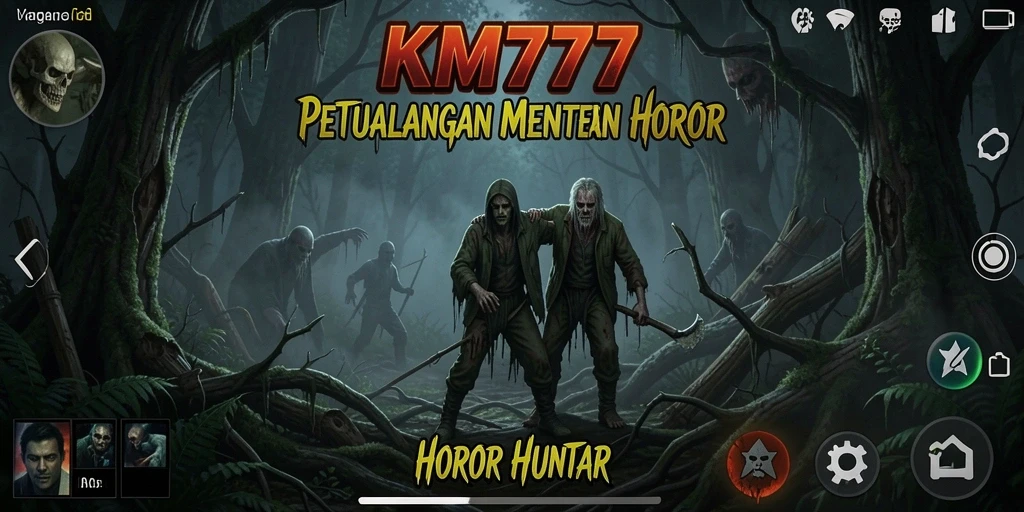 Antarmuka permainan KM777 menunjukkan suasana mencekam hutan horor.
